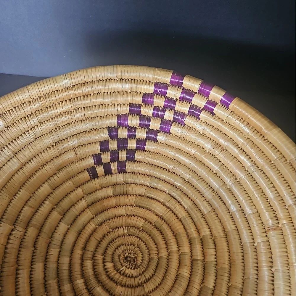 Hand Made Straw Coil Basket African or Native American- Purple Accent 9.5